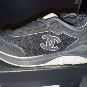 Suede Calfskin Tweed Stretch Fabric CC Sneakers 39.5 Black white